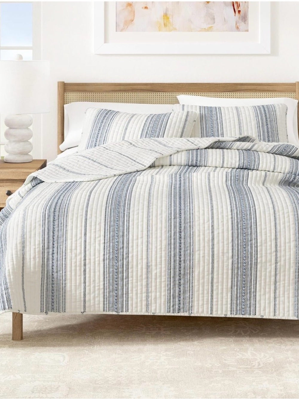 Coastal Stripe Quilted Bedspread in Blue and White
